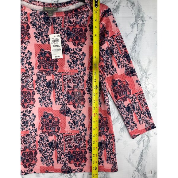Style & Co. Womens Size Small Pima Cotton Tonal Red Floral Print Top - Picture 3 of 9